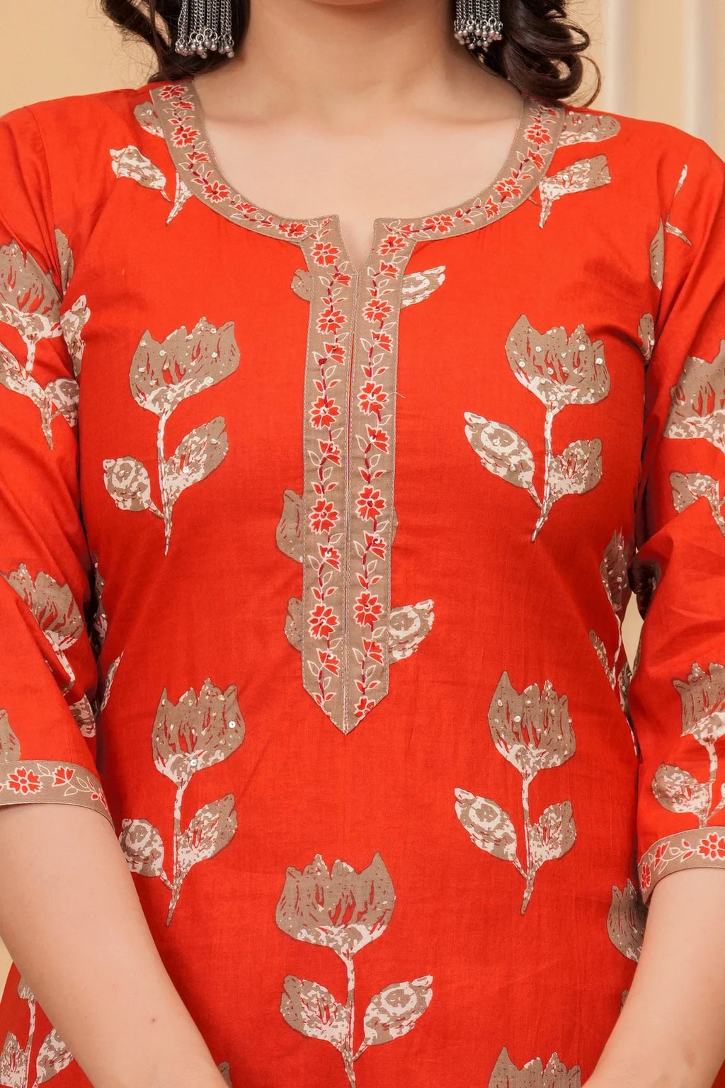 Red Jaipuri Buta & Floral Print Cotton Kurta Pant Set with Mulmul Dupatta