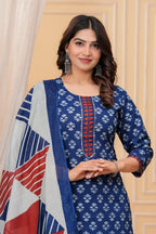 Indigo Dabu Print Cotton Kurta Pant Set with Geometric Mulmul Dupatta