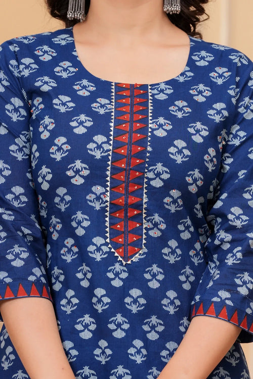Indigo Dabu Print Cotton Kurta Pant Set with Geometric Mulmul Dupatta