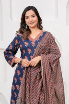 Indigo Ajrakh Print Cotton Kurta Pant Set with Mulmul Dupatta