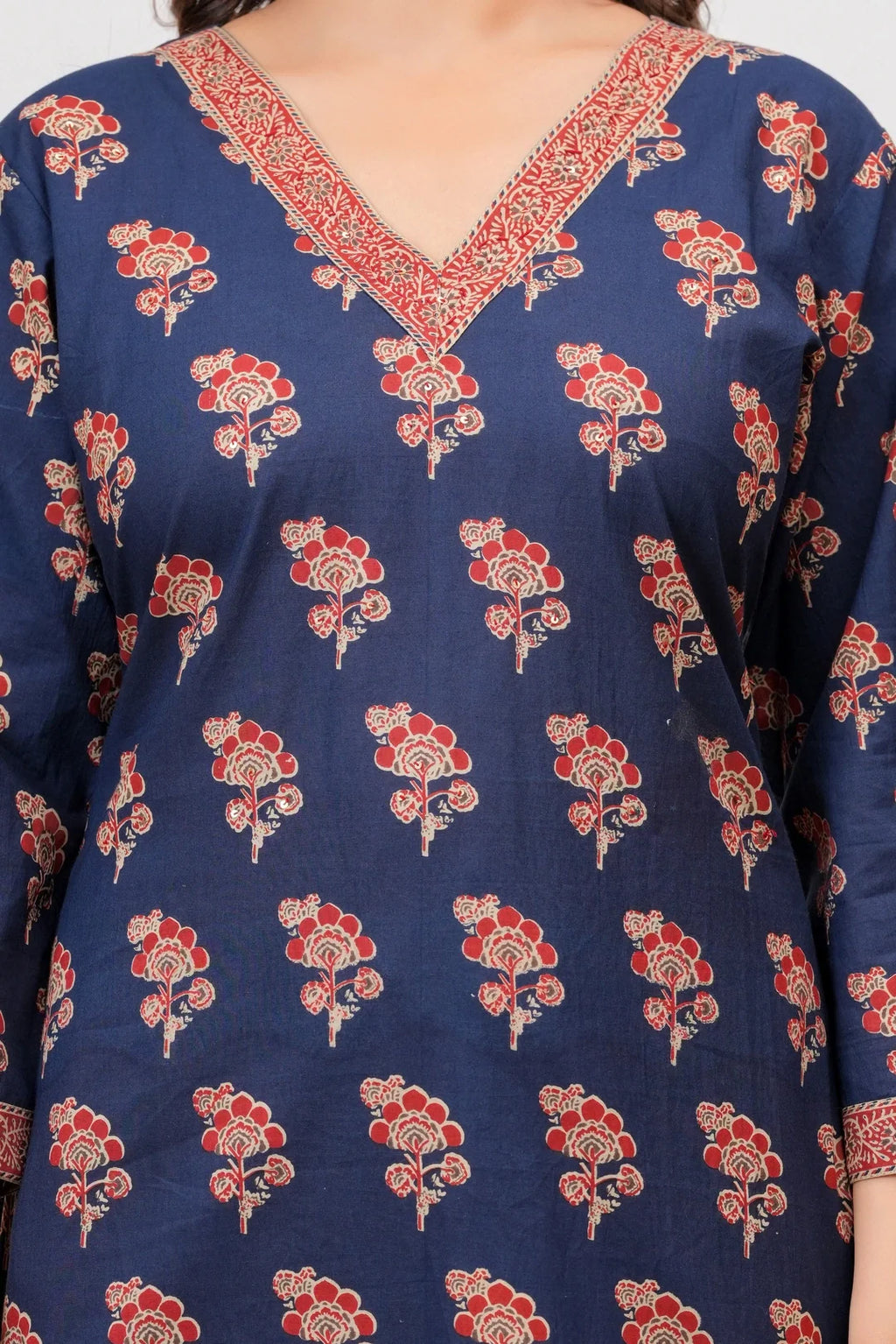 Indigo Ajrakh Print Cotton Kurta Pant Set with Mulmul Dupatta
