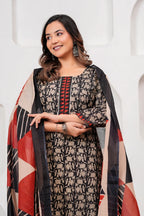 Black & Red Bagru Print Cotton Kurta Pant Set with Mulmul Dupatta