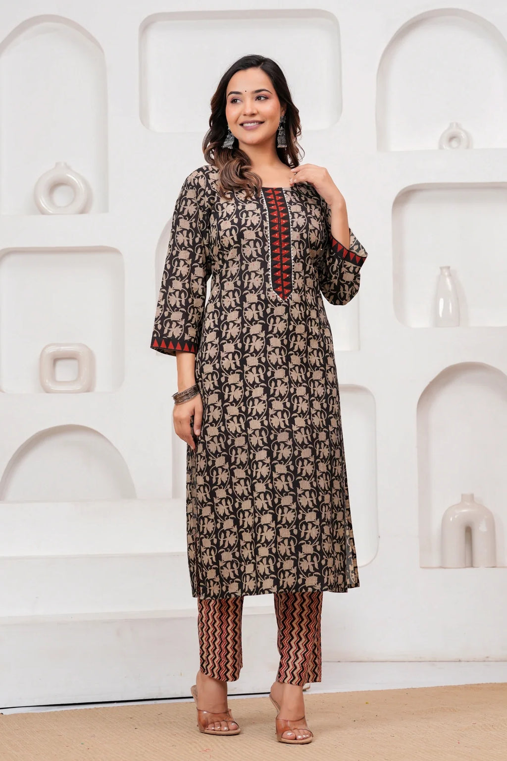 Black & Red Bagru Print Cotton Kurta Pant Set with Mulmul Dupatta