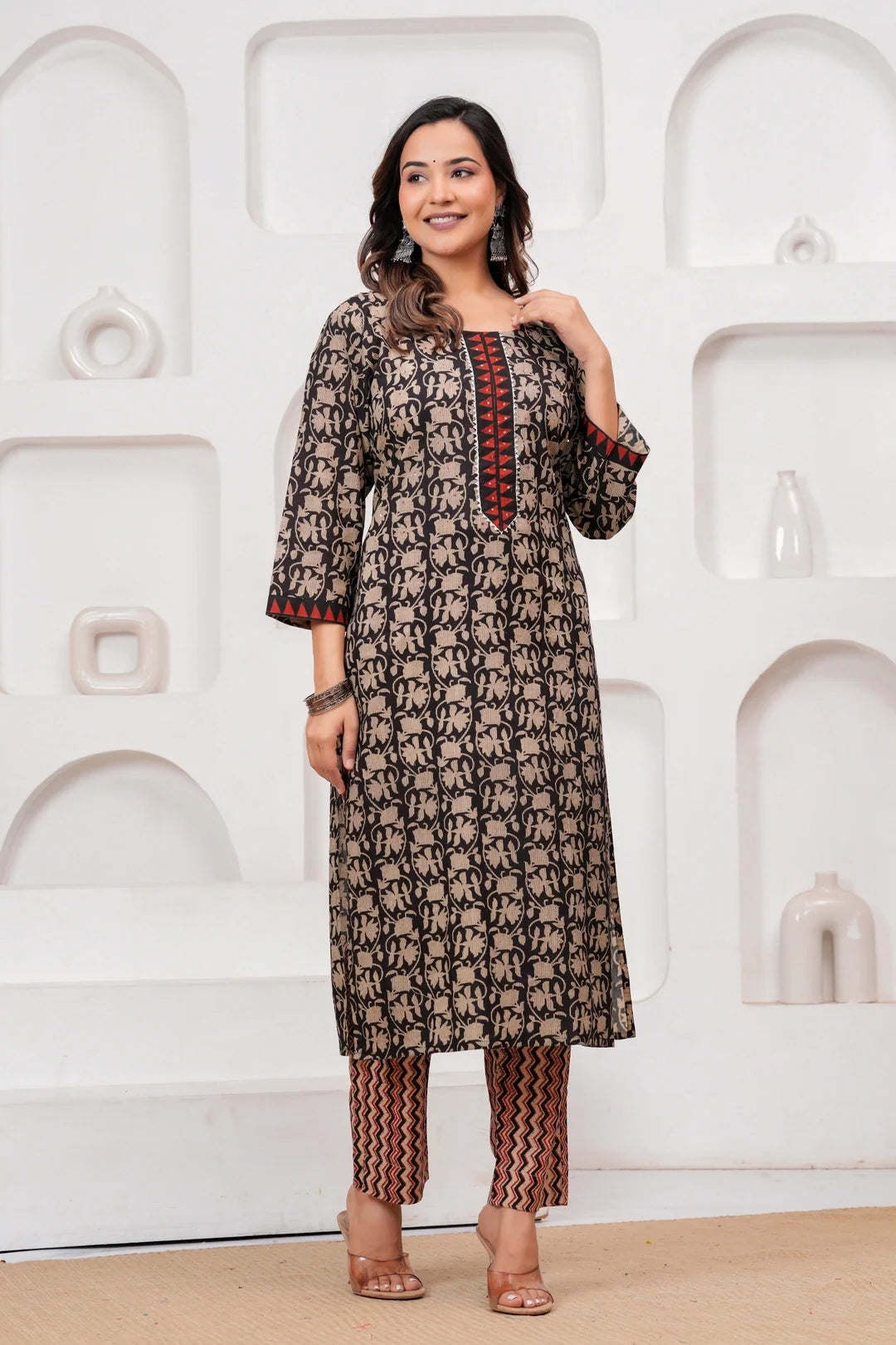 Black & Red Bagru Print Cotton Kurta Pant Set with Mulmul Dupatta
