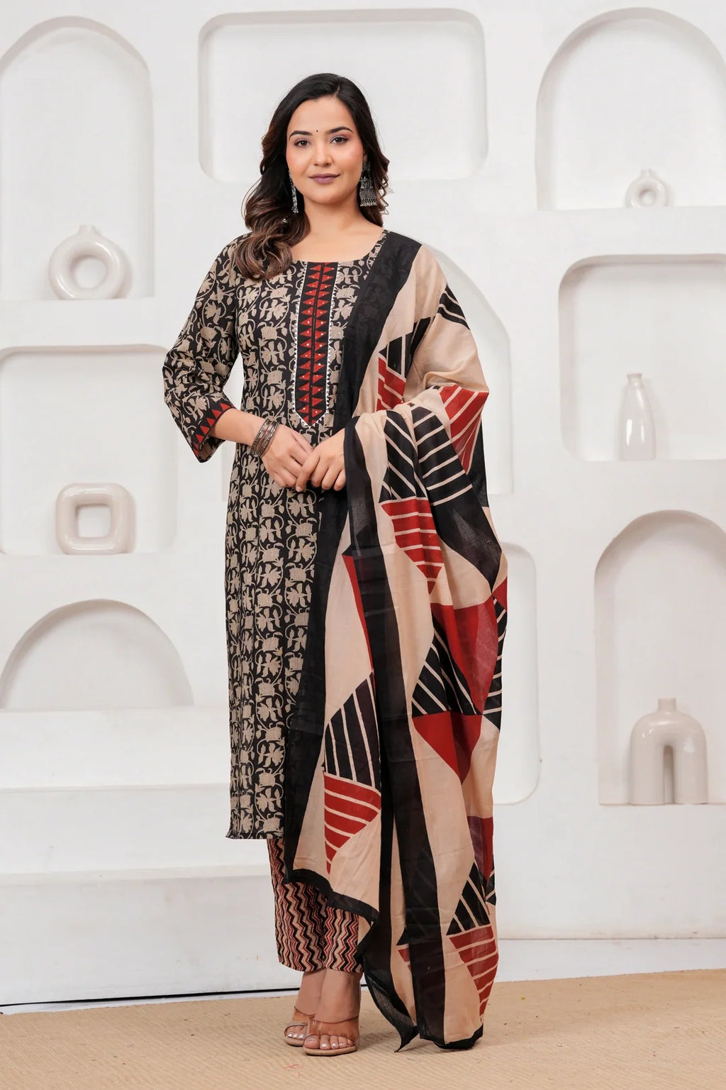 Black & Red Bagru Print Cotton Kurta Pant Set with Mulmul Dupatta