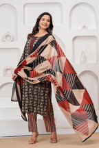 Black & Red Bagru Print Cotton Kurta Pant Set with Mulmul Dupatta