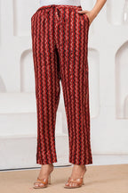 Bagru Print Rust Red Cotton Kurta Pant Set with Abstract Malmal Dupatta