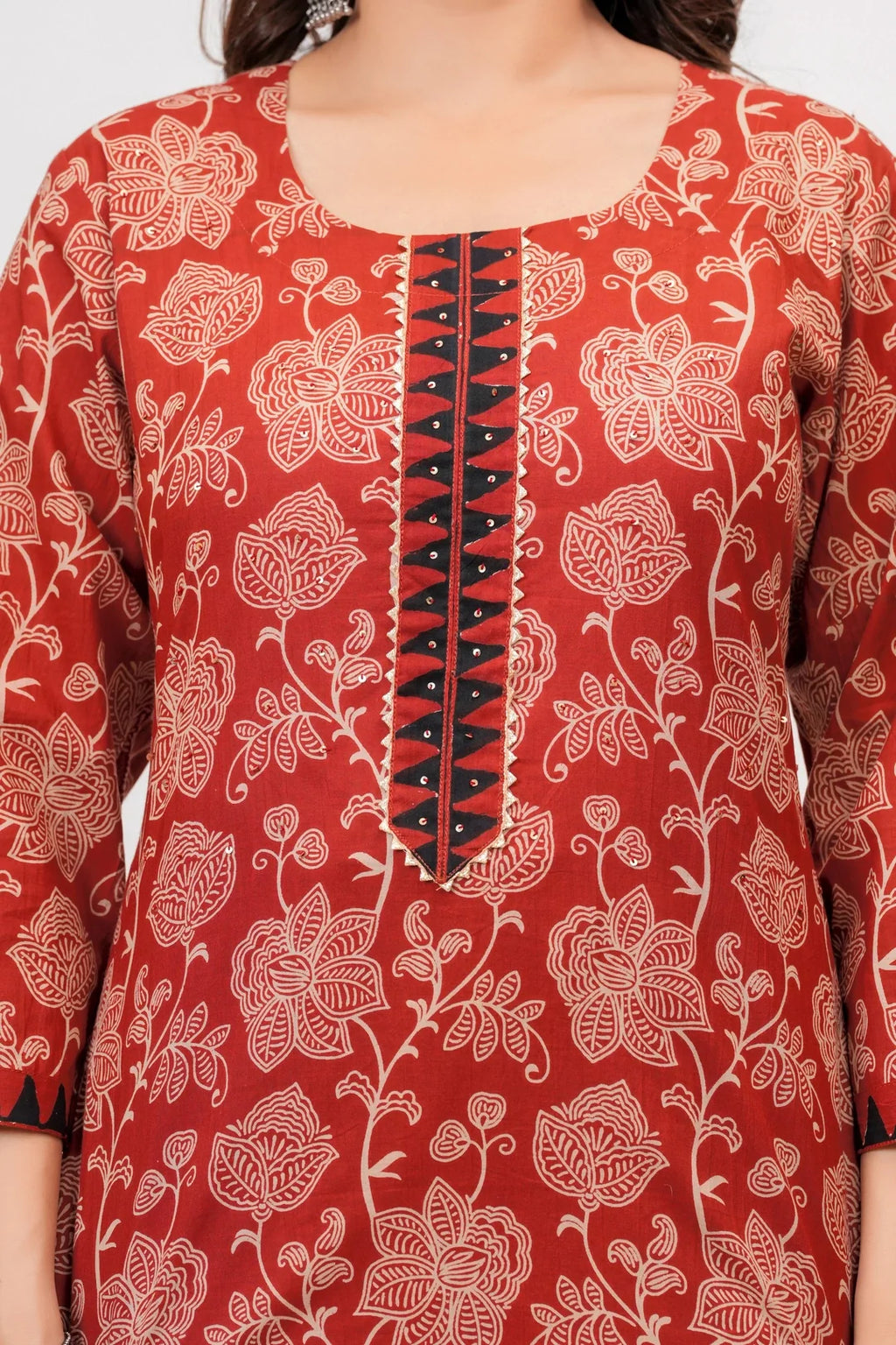 Bagru Print Rust Red Cotton Kurta Pant Set with Abstract Malmal Dupatta