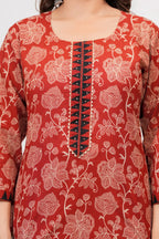Bagru Print Rust Red Cotton Kurta Pant Set with Abstract Malmal Dupatta