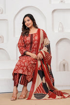 Bagru Print Rust Red Cotton Kurta Pant Set with Abstract Malmal Dupatta