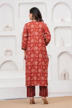 Bagru Print Rust Red Cotton Kurta Pant Set with Abstract Malmal Dupatta