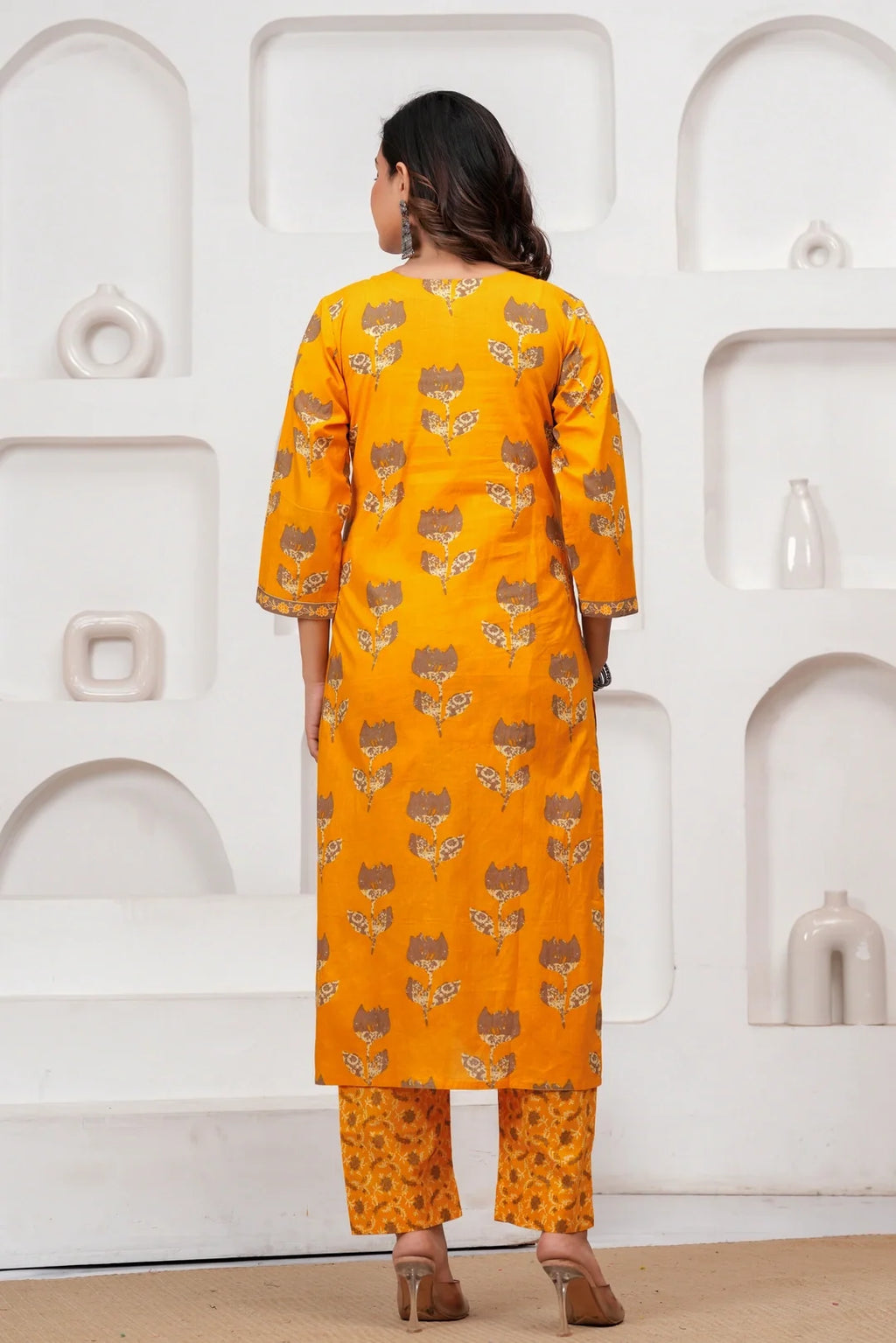 Golden Yellow Buta Print Cotton Kurta Pant Set with Cotton Dupatta