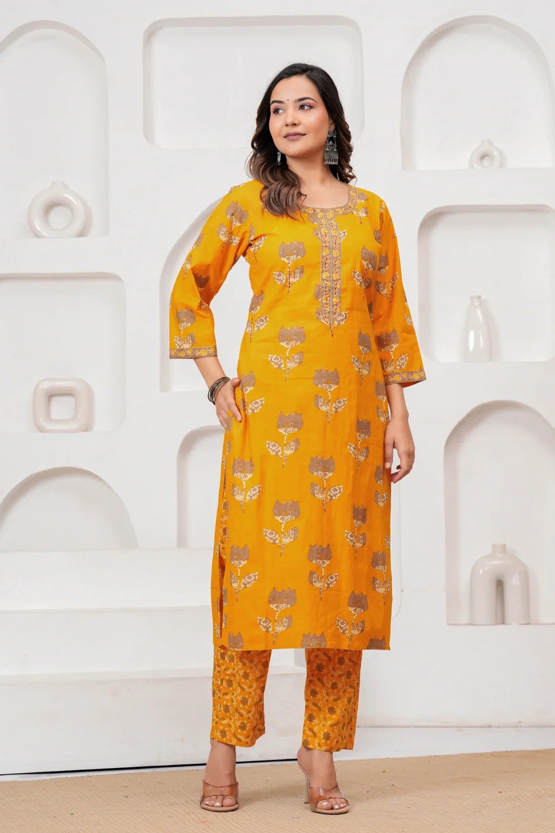 Golden Yellow Buta Print Cotton Kurta Pant Set with Cotton Dupatta