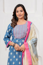 Sky Blue Buti Print Cotton Kurta Pant Set with Designer Dupatta