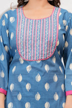 Sky Blue Buti Print Cotton Kurta Pant Set with Designer Dupatta