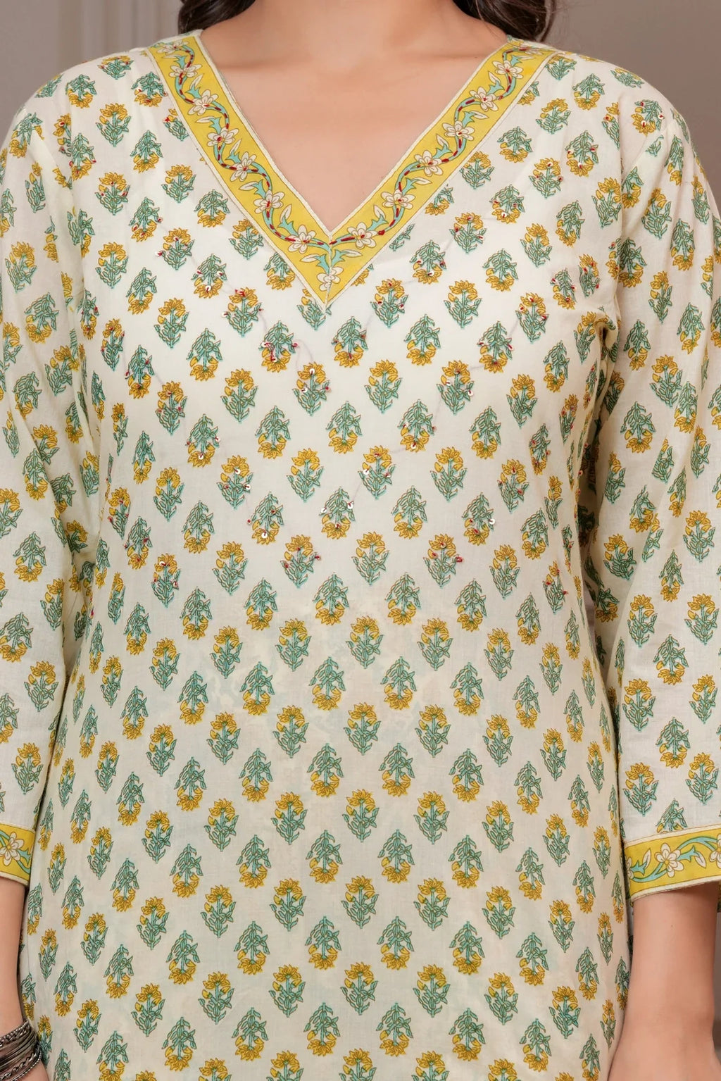 Yellow & Green Mughal Print Cotton Kurta Pant Set with Mulmul Dupatta
