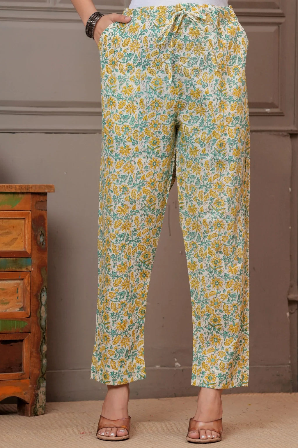 Yellow & Green Mughal Print Cotton Kurta Pant Set with Mulmul Dupatta