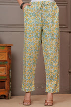 Yellow & Green Mughal Print Cotton Kurta Pant Set with Mulmul Dupatta