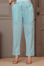 Sky Blue Multicolor Floral Print Cotton Kurta Pant Set with Mulmul Dupatta