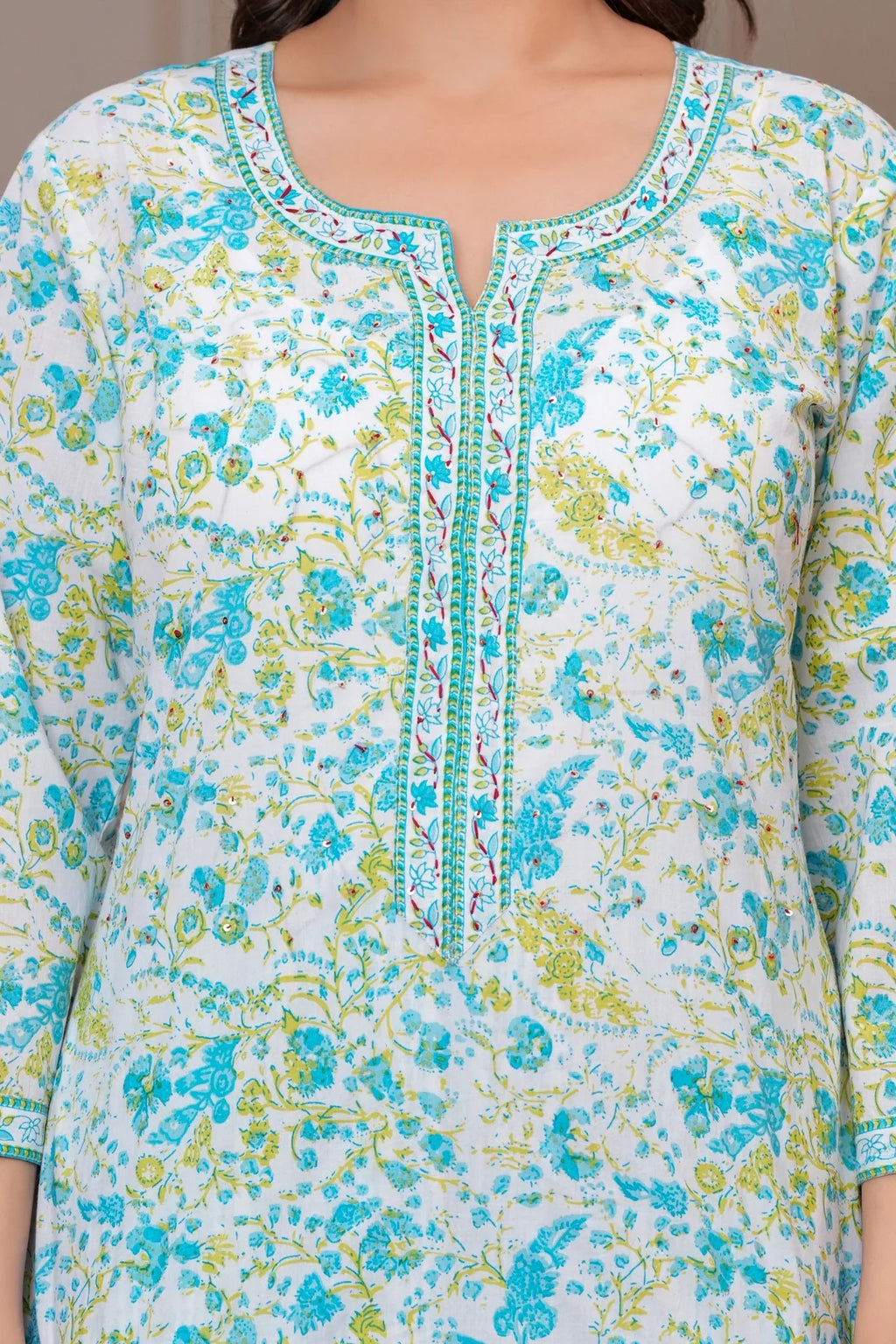 Sky Blue Multicolor Floral Print Cotton Kurta Pant Set with Mulmul Dupatta