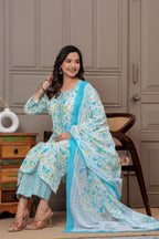 Sky Blue Multicolor Floral Print Cotton Kurta Pant Set with Mulmul Dupatta