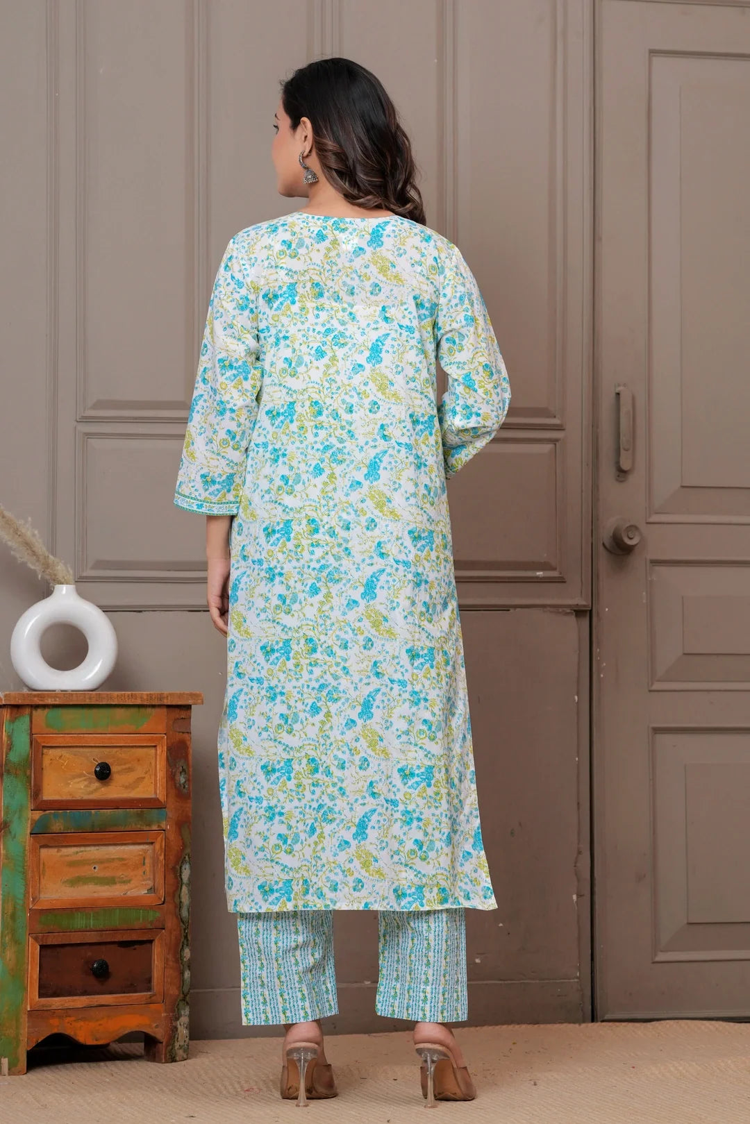 Sky Blue Multicolor Floral Print Cotton Kurta Pant Set with Mulmul Dupatta