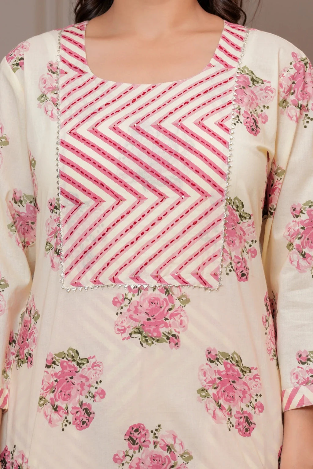 Blush Pink Buta Print Cotton Kurta Pant Set with Leheriya Mulmul Dupatta