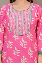 Pink Sanganeri Buti Print Cotton Kurta Pant Set with Mulmul Dupatta