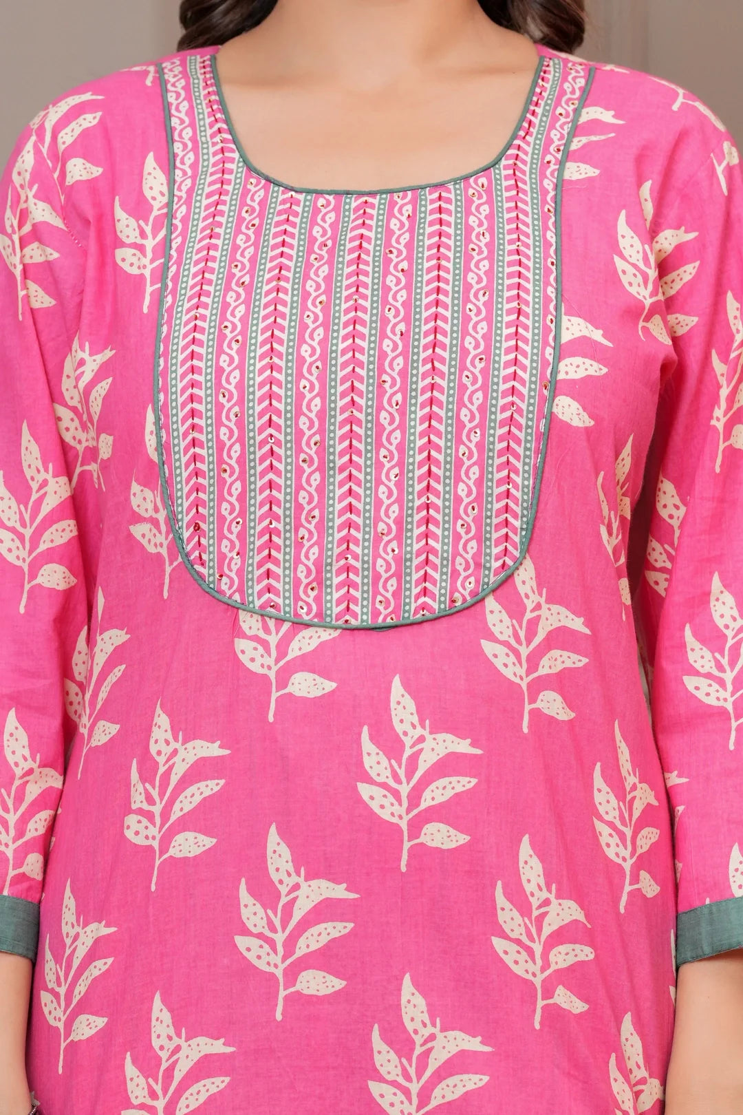 Pink Sanganeri Buti Print Cotton Kurta Pant Set with Mulmul Dupatta