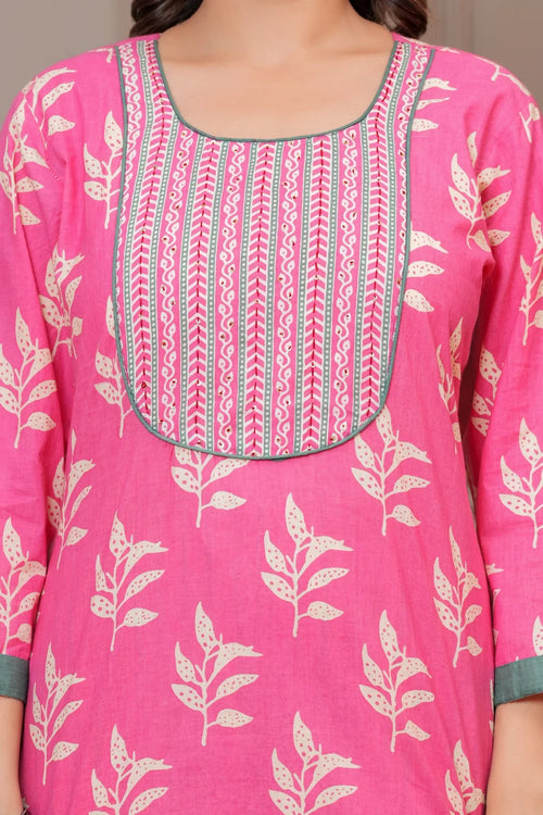 Pink Sanganeri Buti Print Cotton Kurta Pant Set with Mulmul Dupatta
