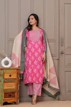 Pink Sanganeri Buti Print Cotton Kurta Pant Set with Mulmul Dupatta
