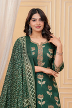 Dark Green Pakistani Print Cotton Kurta Pant Set with Mulmul Dupatta