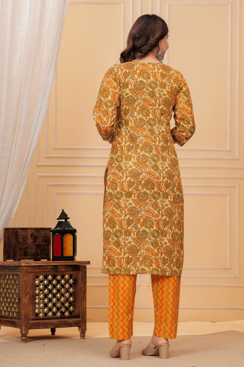 Mustard Floral Print Cotton Kurta with Leheriya Print Pants