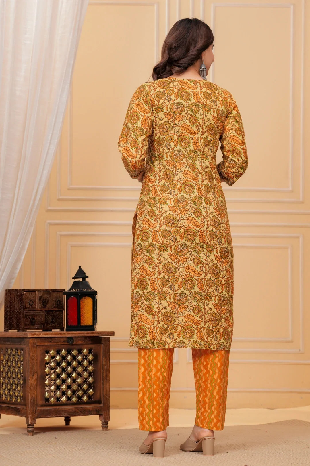 Mustard Floral Print Cotton Kurta with Leheriya Print Pants