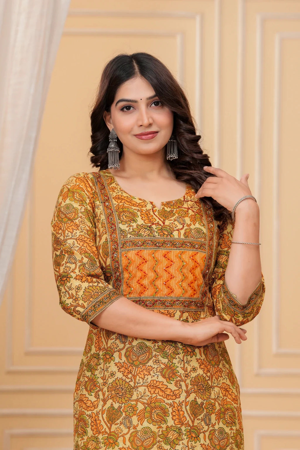 Mustard Floral Print Cotton Kurta with Leheriya Print Pants
