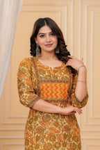Mustard Floral Print Cotton Kurta with Leheriya Print Pants