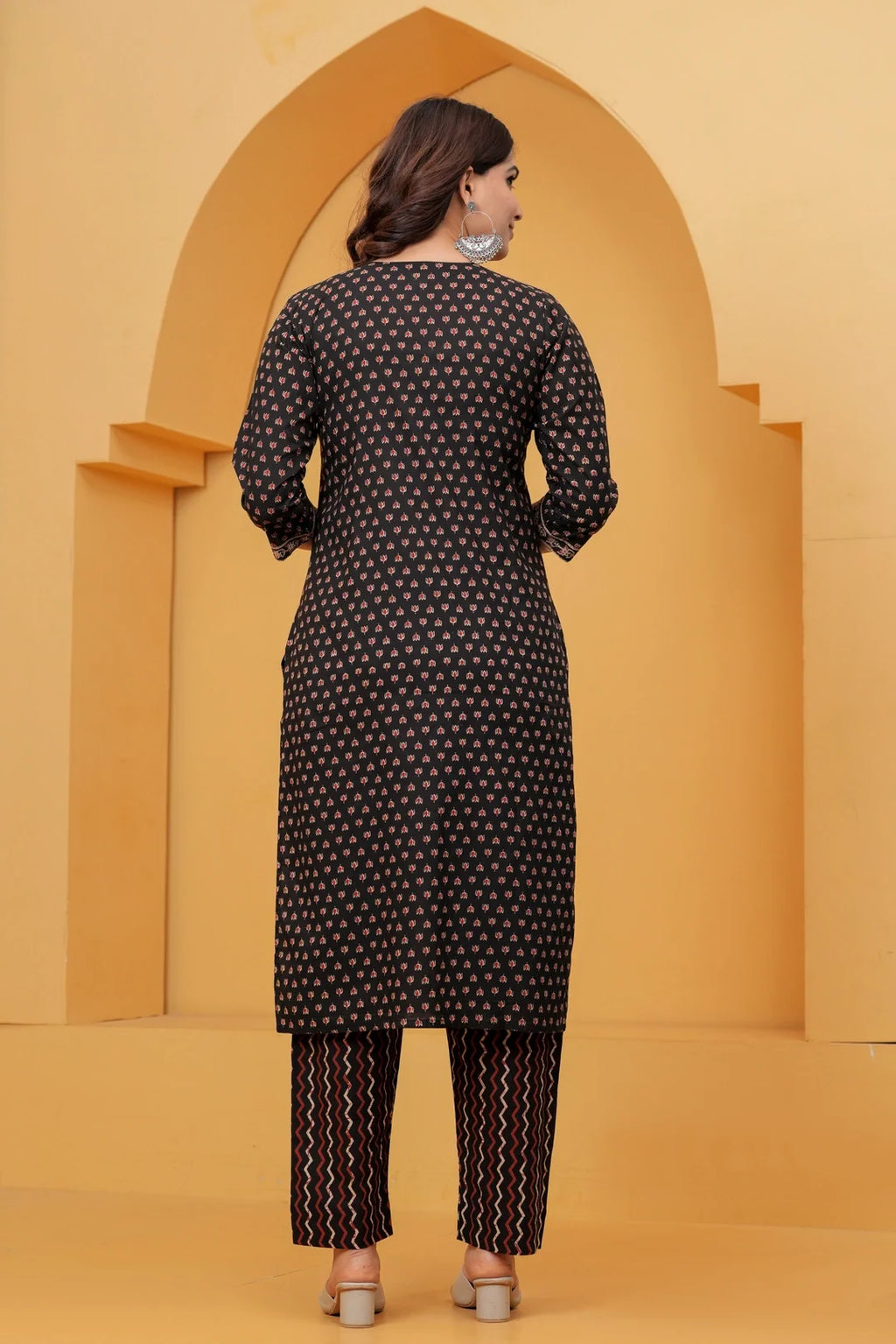 Black Sanganeri Buti Print Cotton Kurta Pant Set with Geometric Dupatta