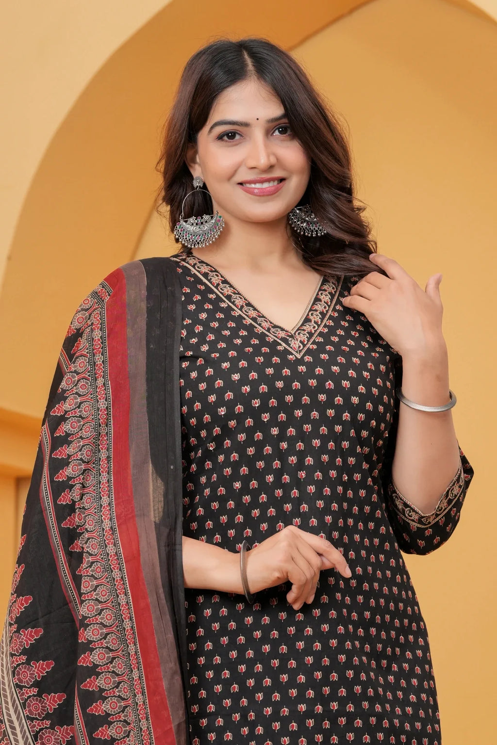 Black Sanganeri Buti Print Cotton Kurta Pant Set with Geometric Dupatta