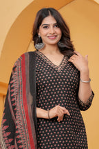 Black Sanganeri Buti Print Cotton Kurta Pant Set with Geometric Dupatta