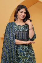 Navy Blue Floral Buti Print Cotton Kurta Pant Set with Malmal Dupatta