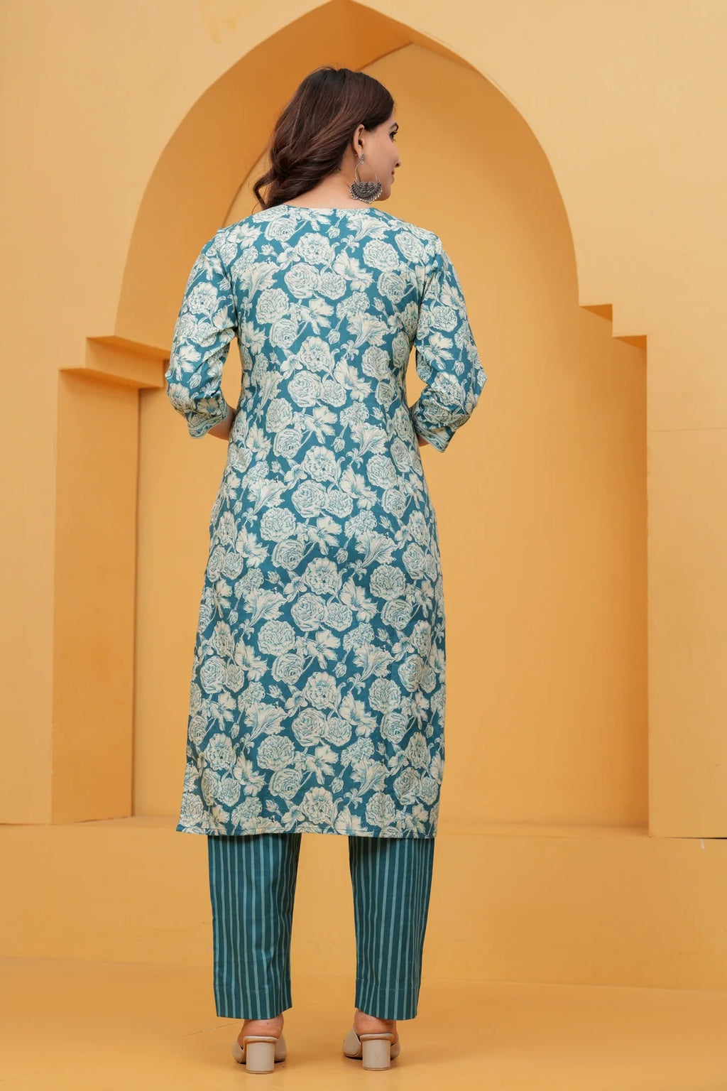 Teal Floral Print Cotton Kurta with Striped Pants