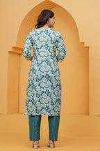Teal Floral Print Cotton Kurta with Striped Pants
