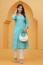 Turquoise Leheriya Print Cotton Kurta for Women