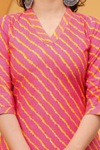 Vibrant Fuchsia Pink Leheriya Print Cotton Kurta with White Pant for Women