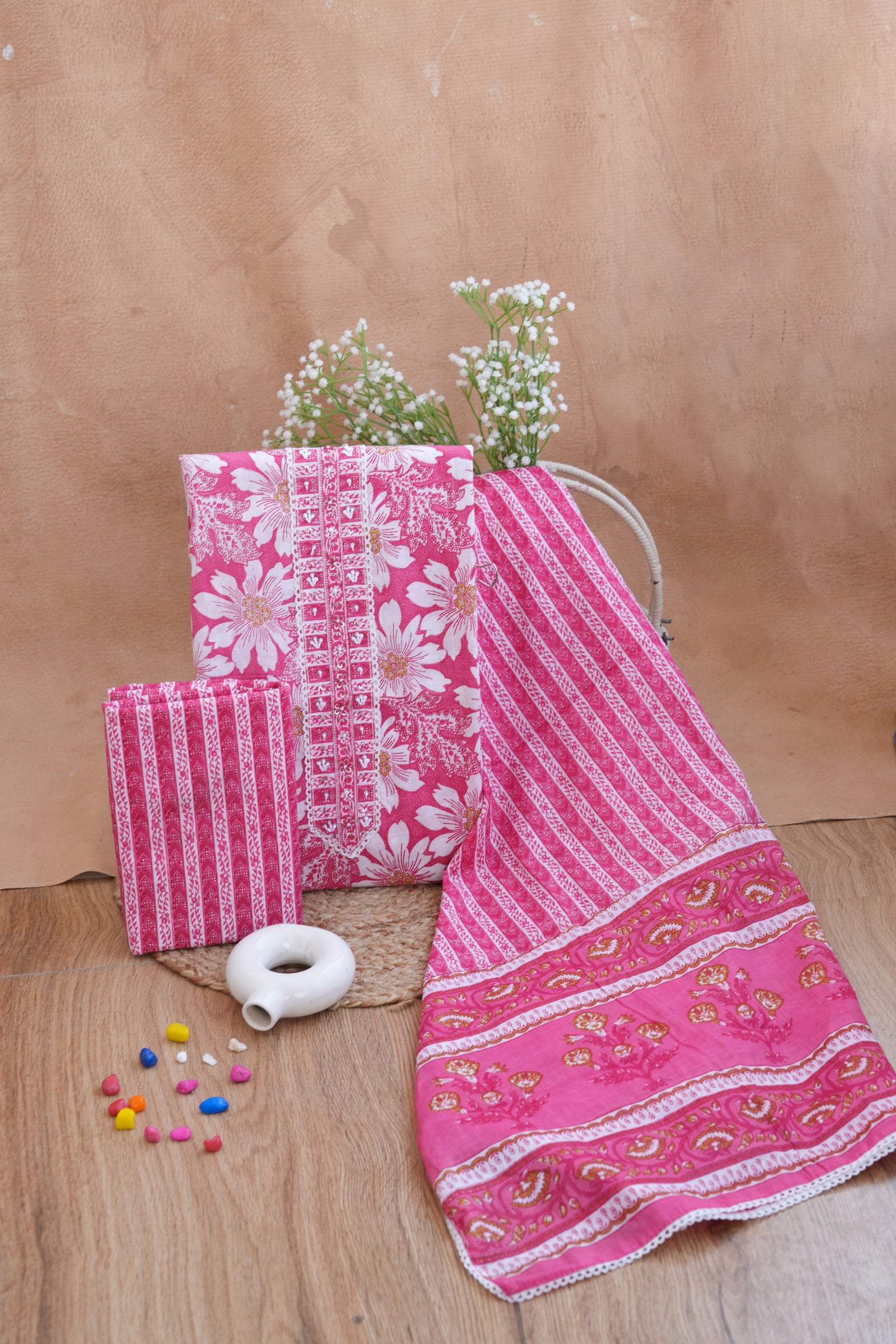 Pink Floral Gotta Patti Handblock Cotton Unstitched Suit Set- Atharva Jaipur