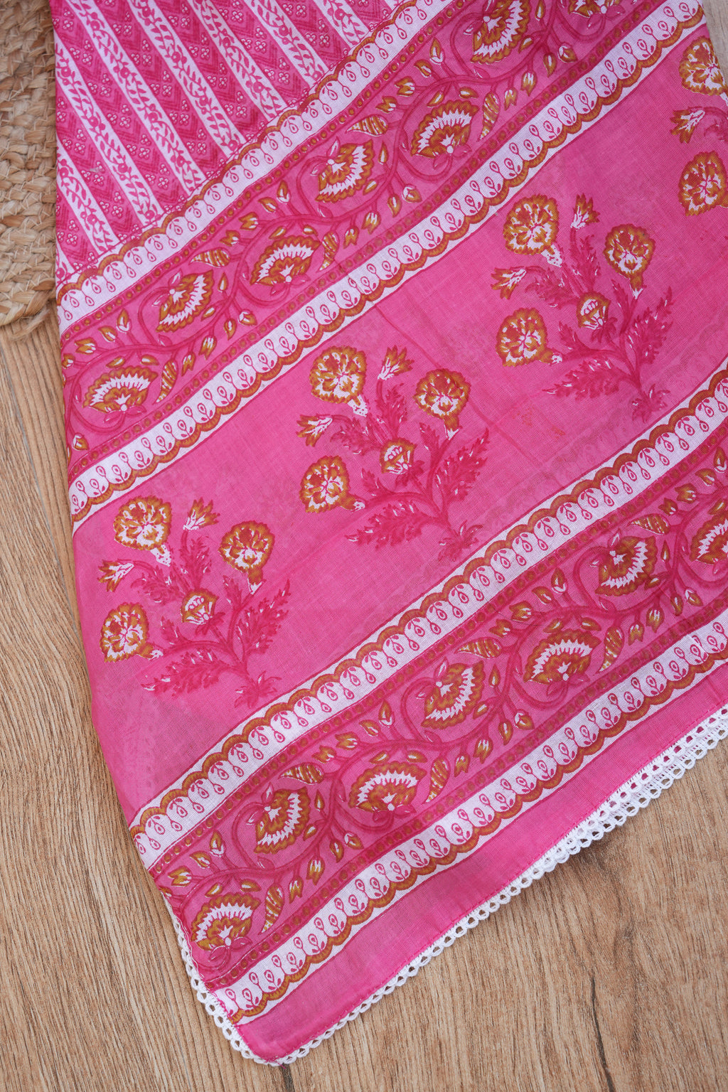 Pink Floral Gotta Patti Handblock Cotton Unstitched Suit Set- Atharva Jaipur