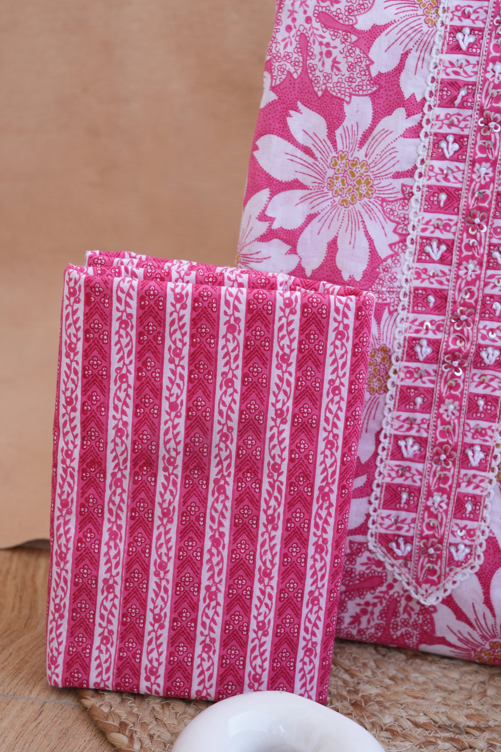 Pink Floral Gotta Patti Handblock Cotton Unstitched Suit Set- Atharva Jaipur