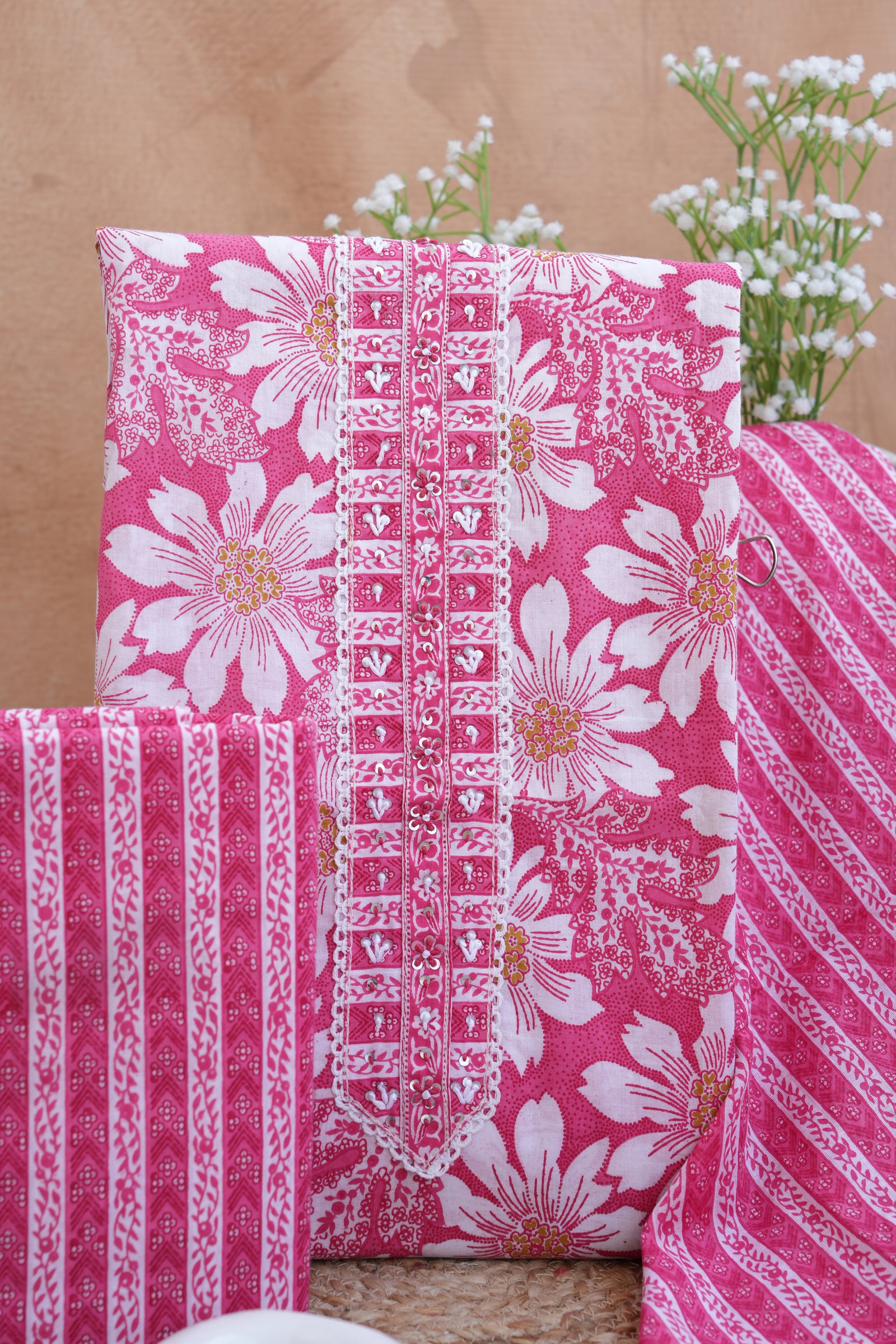 Pink Floral Gotta Patti Handblock Cotton Unstitched Suit Set- Atharva Jaipur