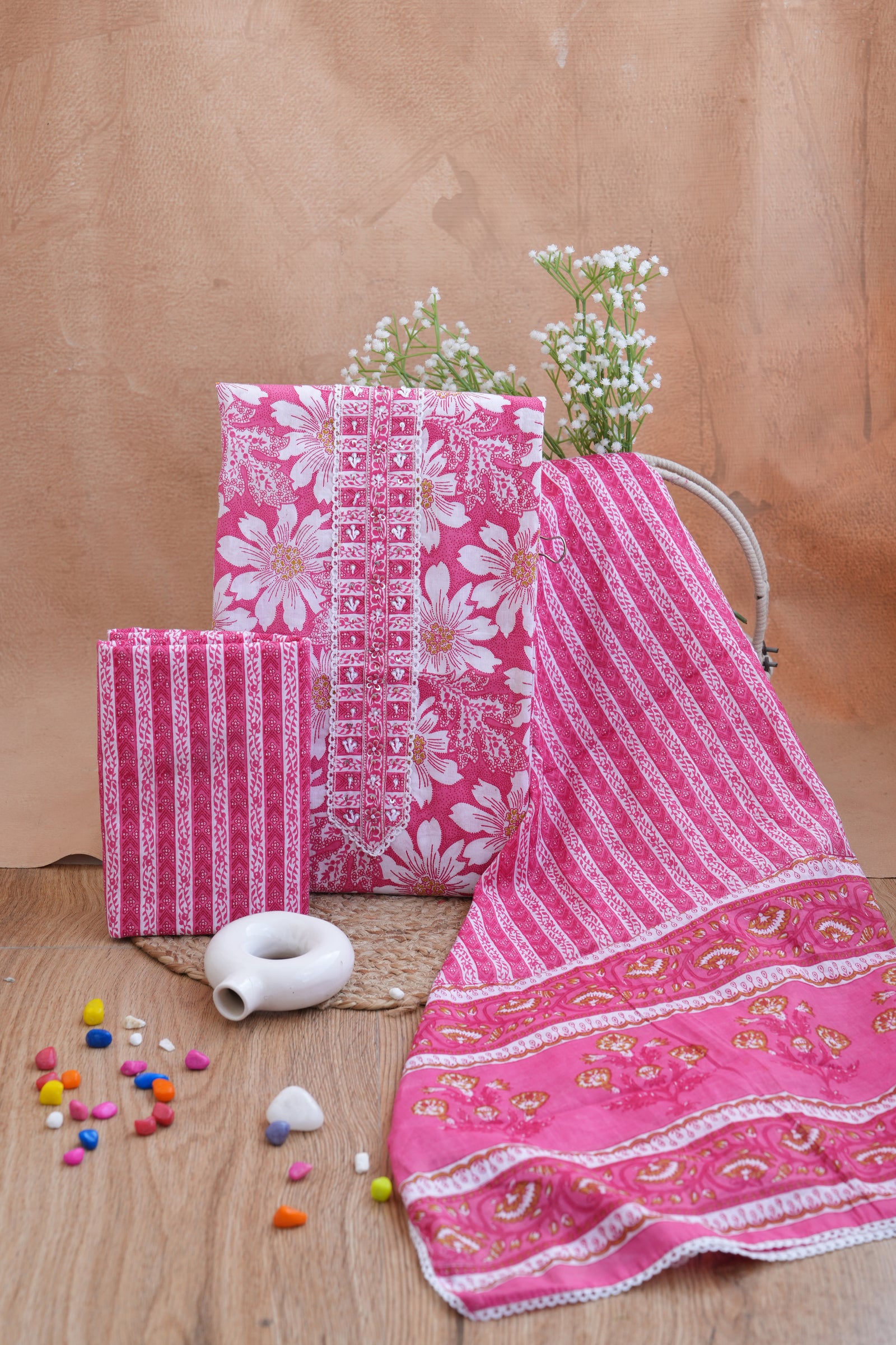 Pink Floral Gotta Patti Handblock Cotton Unstitched Suit Set- Atharva Jaipur