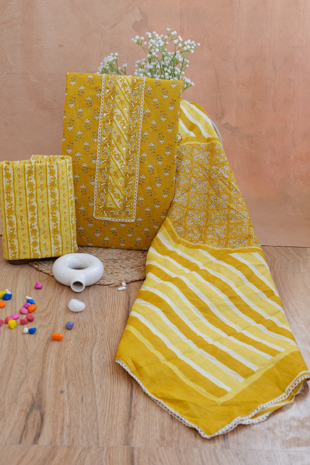 Gulbahar Mustard Gotta Patti Handblock Cotton Unstitched Suit Set- Atharva Jaipur